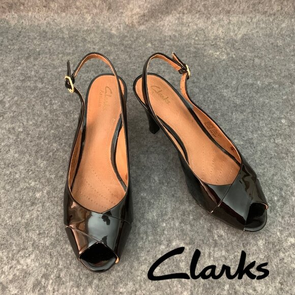 Clarks Artisan Women's Patent Leather Black Shoes Sling Back Heel Peep Toe Shoes - Picture 1 of 12